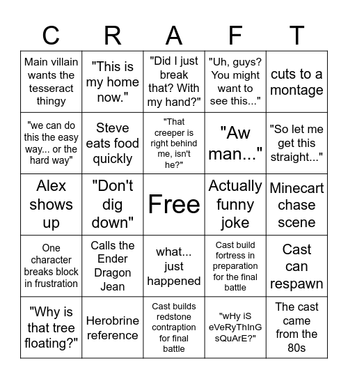 Minecraft Movie Bingo Card