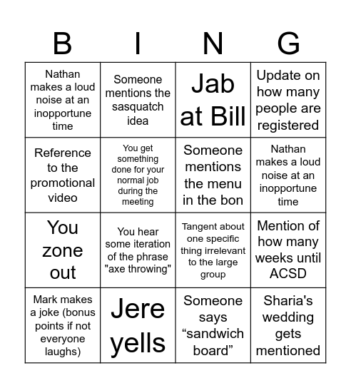 Committee Meeting Bingo Card