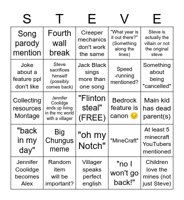 A Minecraft Movie Bingo Card