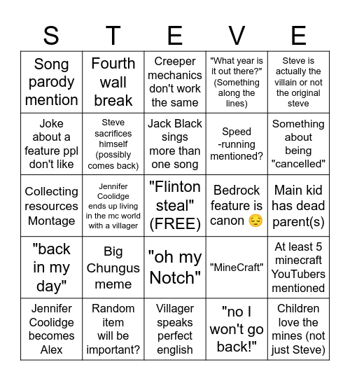 A Minecraft Movie Bingo Card