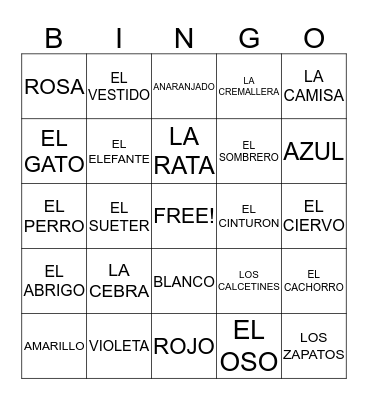 ANIMALS, CLOTHES and COLOURS Bingo Card