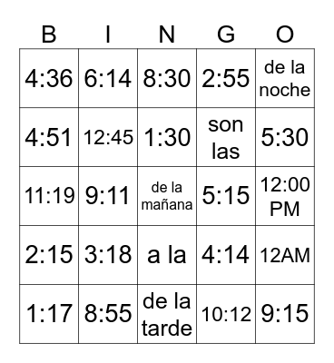 Telling time in Spanish Bingo Card