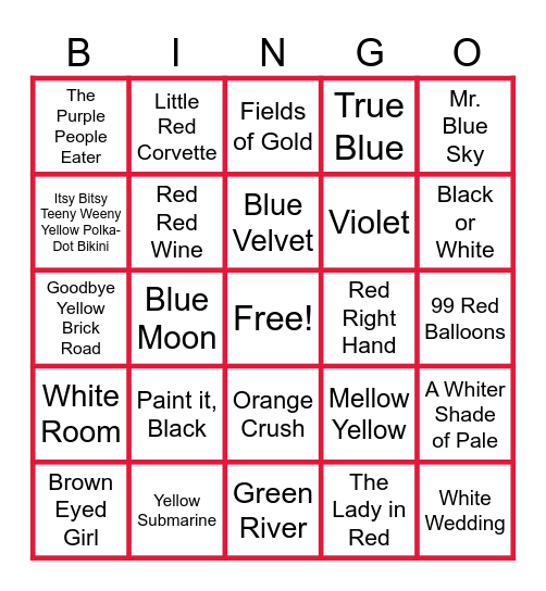 MUSIC BINGO at the Ann Arbor Eagles!  Songs in Color! Bingo Card