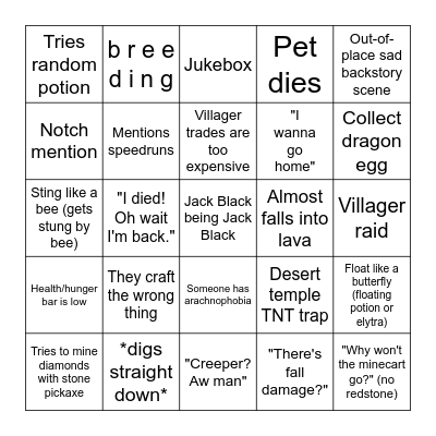 Minecraft Movie Bingo Card