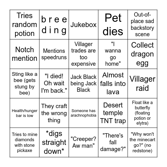 Minecraft Movie Bingo Card