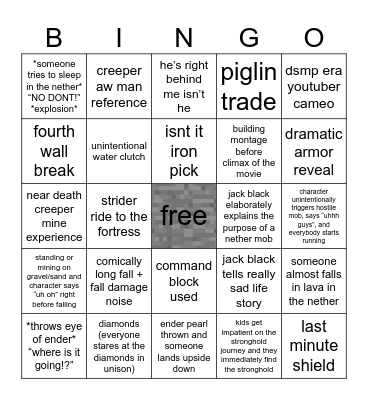 Minecraft Movie Bingo Card