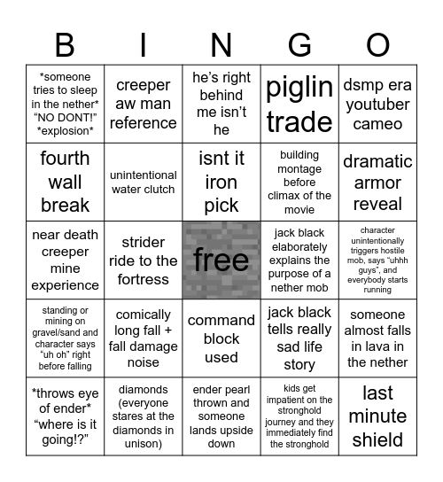 Minecraft Movie Bingo Card