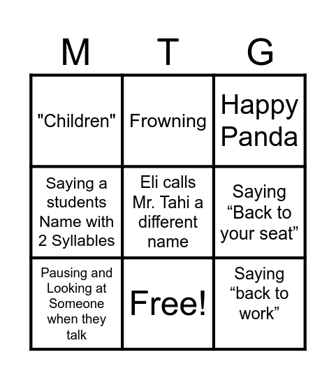 Mr. Tahi Bingo Card