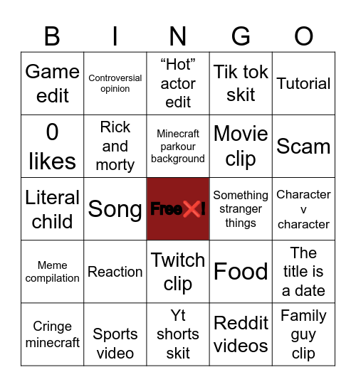YouTube shorts Bingo Card