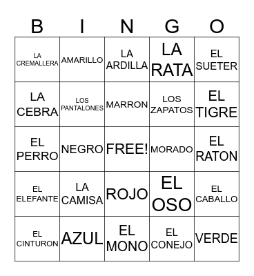 ANIMALS, CLOTHES and COLOURS Bingo Card