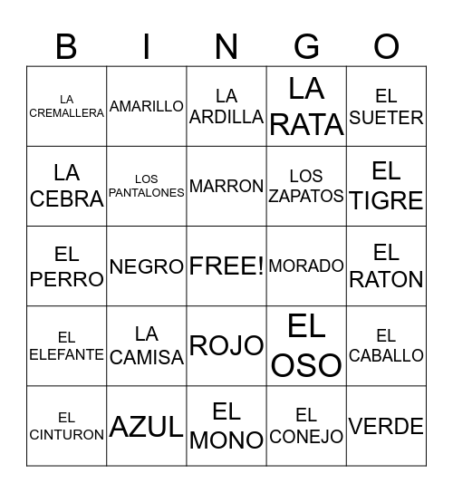 ANIMALS, CLOTHES and COLOURS Bingo Card