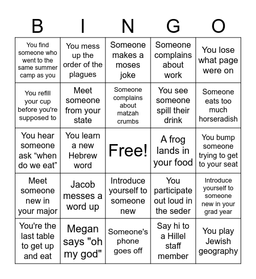 SEDER 2025 Bingo Card