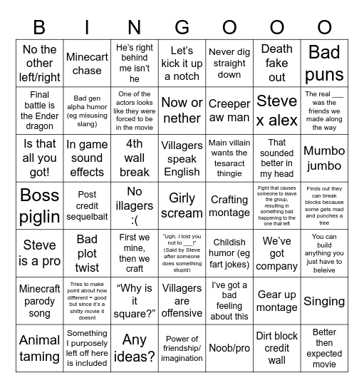 Minecraft movie Bingo Card