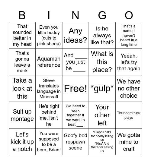 Minecraft Movie Bingo Card