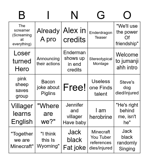 Minecraft movie Bingo Card