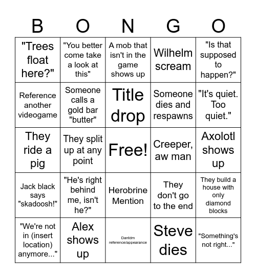 MINECRAFT MOVIE BONGO Bingo Card