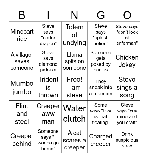 Minecraft movie Bingo Card