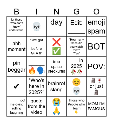 Youtube comments bingo Card