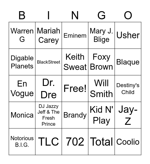 90's HipHop Rnb Bingo Card
