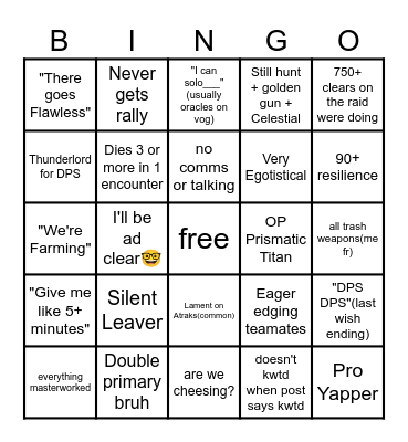 Destiny 2 LFG for Raids Bingo Card