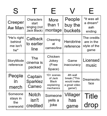 Minecraft Movie Bingo Card