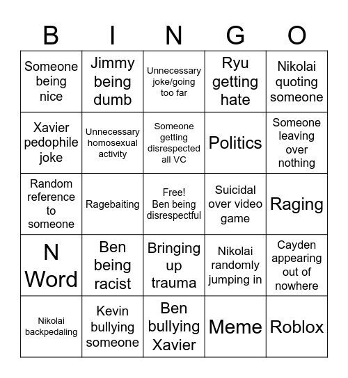 Friend Group V1 Bingo Card