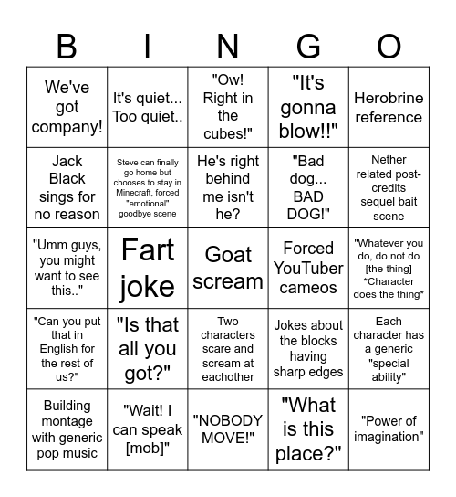 Minecraft Movie Bingo! (Please Shoot Me) Bingo Card