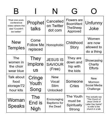 Mormon Conference Bingo Card