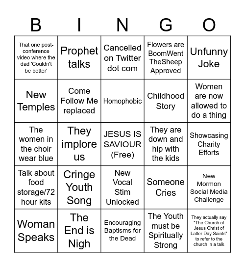 Mormon Conference Bingo Card