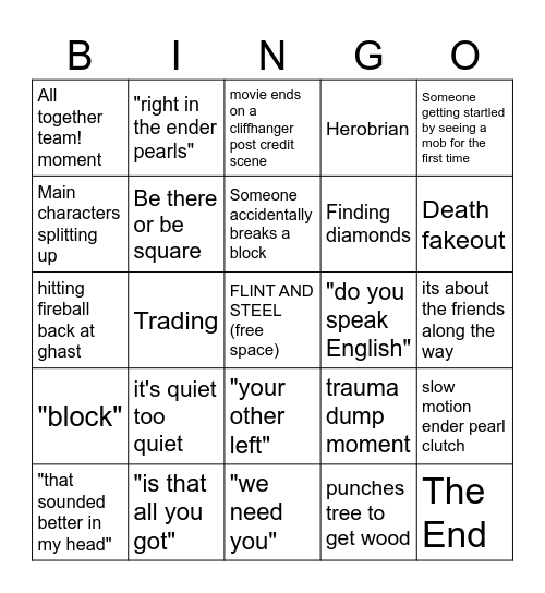 Minecraft Movie Bingo Card