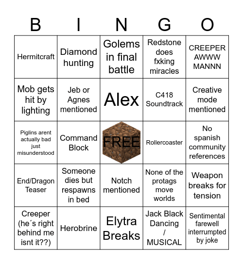 A minecraft Movie:The musical Bingo Card