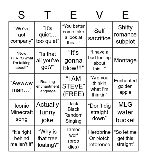 Minecraft Movie Bingo Card