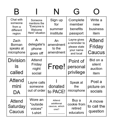 Region 9 Delegate Assembly BINGO Card