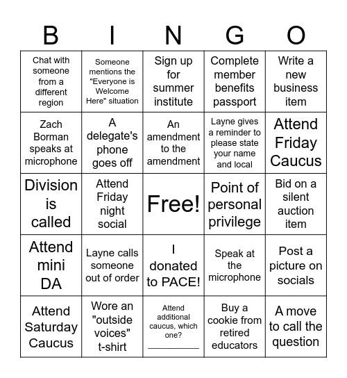 Region 9 Delegate Assembly BINGO Card