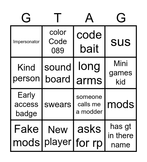Gorilla tag bingo Card