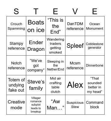 Minecraft Movie Bingo Card