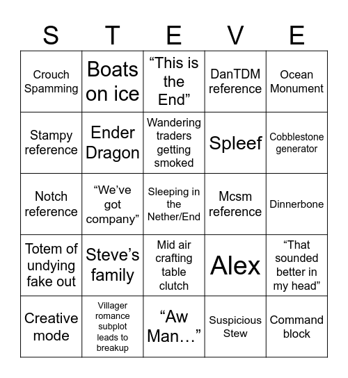 Minecraft Movie Bingo Card