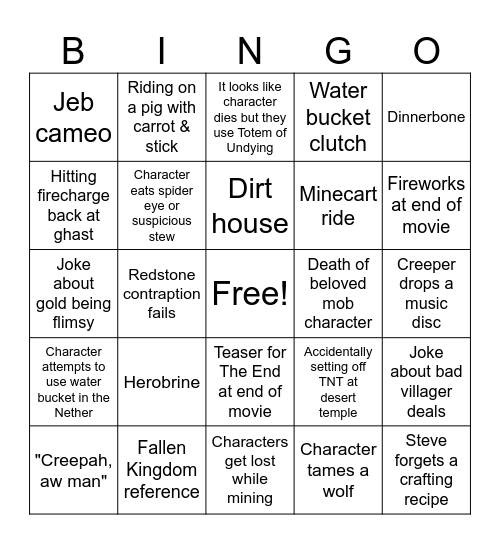 Minecraft Movie Bingo Card