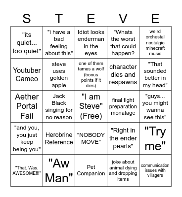 Minecraft Movie Bingo Card