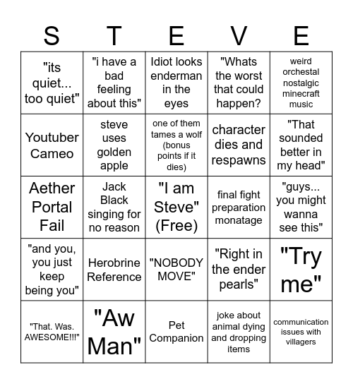 Minecraft Movie Bingo Card