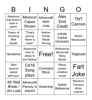 Minecraft Movie Bingo (Connor) Bingo Card