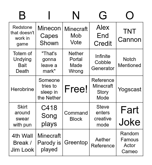 Minecraft Movie Bingo (Connor) Bingo Card