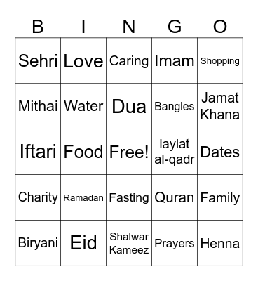 Ramadan and Eid Bingo Card