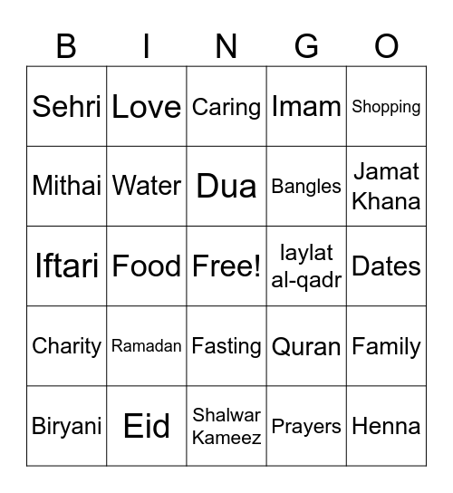 Ramadan and Eid Bingo Card