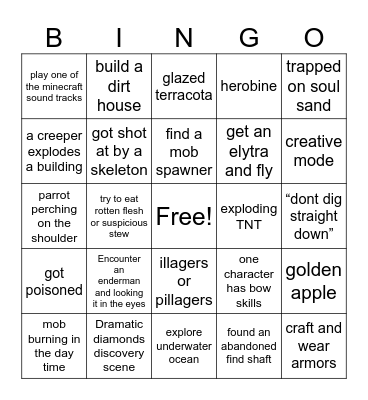 Minecraft Movie Bingo Card