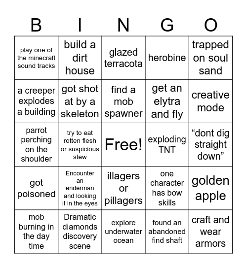 Minecraft Movie Bingo Card