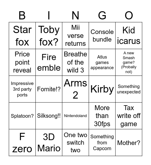 SWITCH 2 Bingo Card