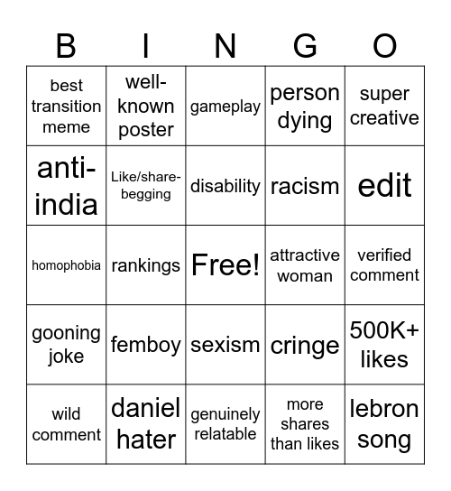 instagram reels Bingo Card