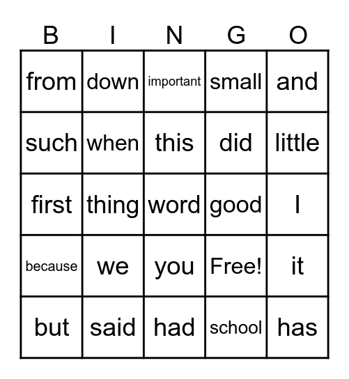 Sight Word Bingo Card