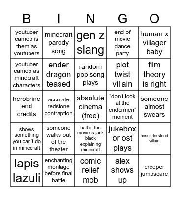 minecraft movie bingo Card